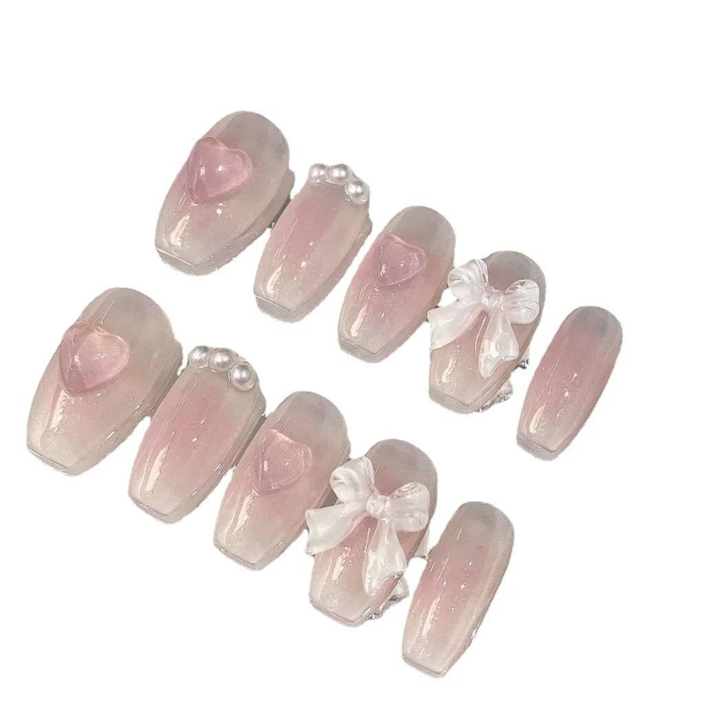 Drăguț roz dulce prințesă detașabil detașabil handmade Nail Art Y2K Vitality Girl Unghii false scurte Blush Bow Patch pentru unghii