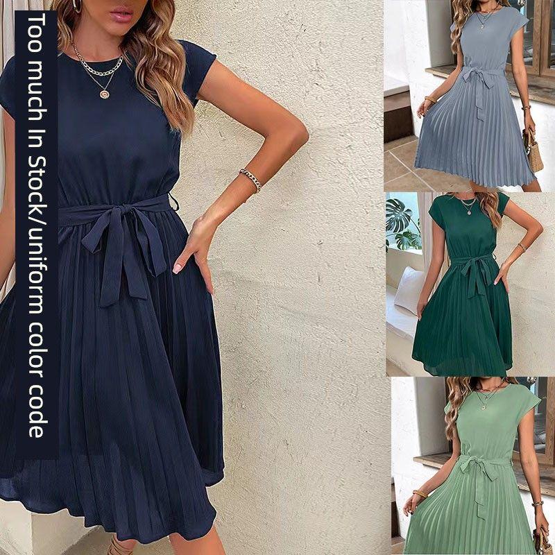 

2024 Amazon Hot Sale Best Selling Fashion Summer Vacation Women s Clothing Shoelace Pure Color Sun Pleated Dress Sky Blue S