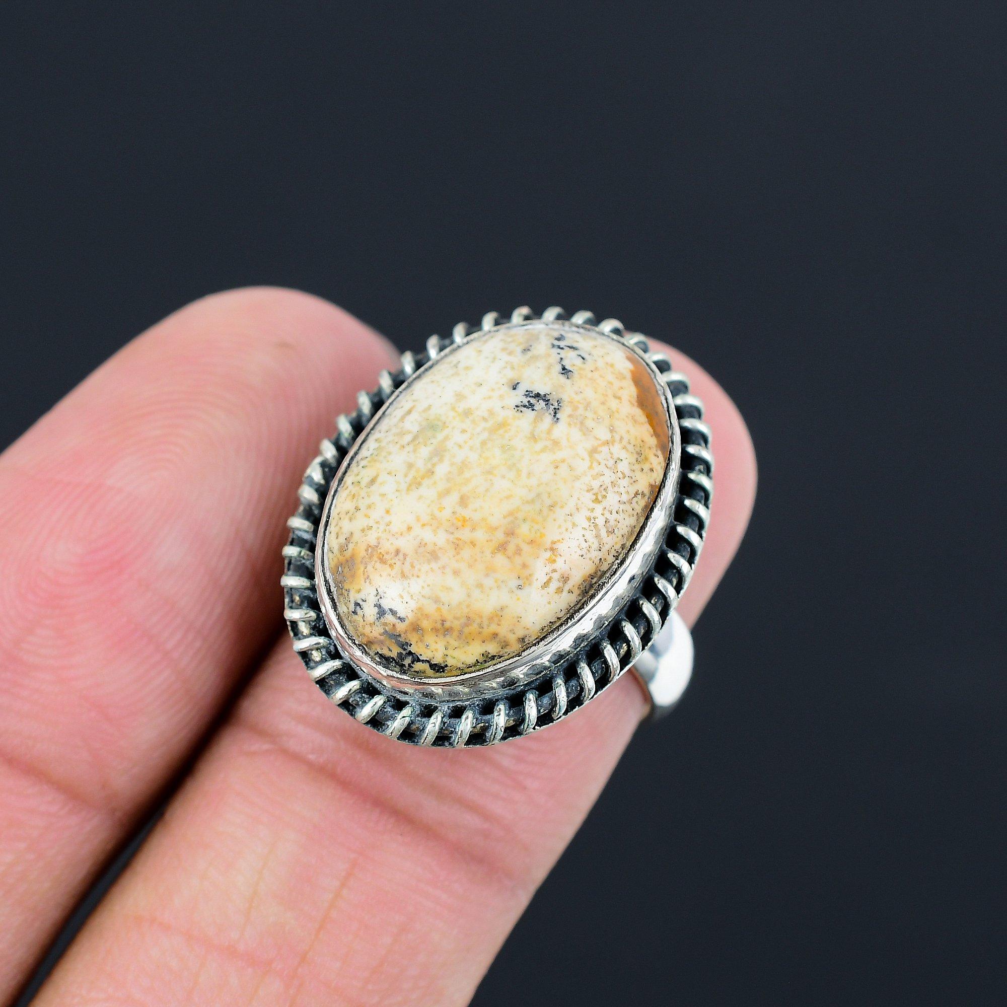 925 Sterling Silver Oval Picture Jasper Stone Mother Stackable Boho Ring Size 7 7