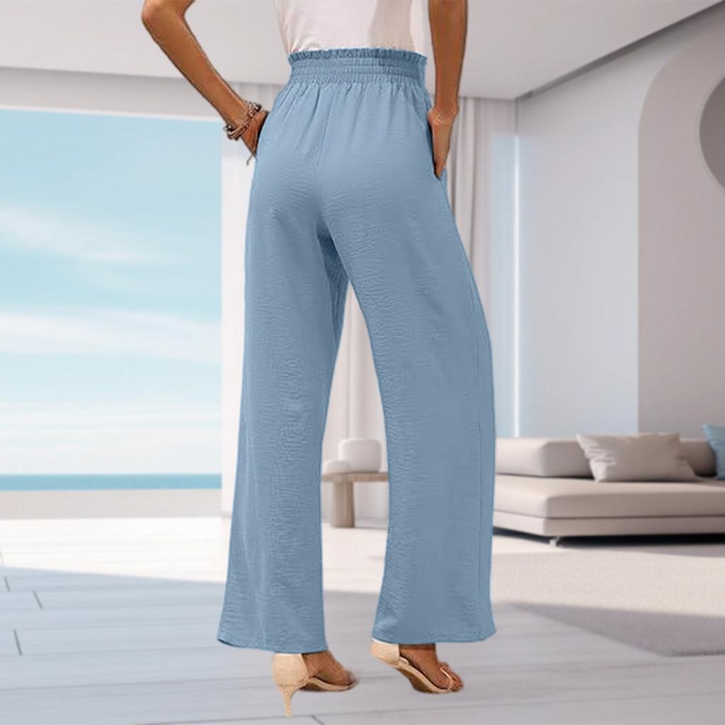 Women's High-Waisted Wide Leg Pants with Pockets - Color Casual Loose Fit Trousers for Daily Wear