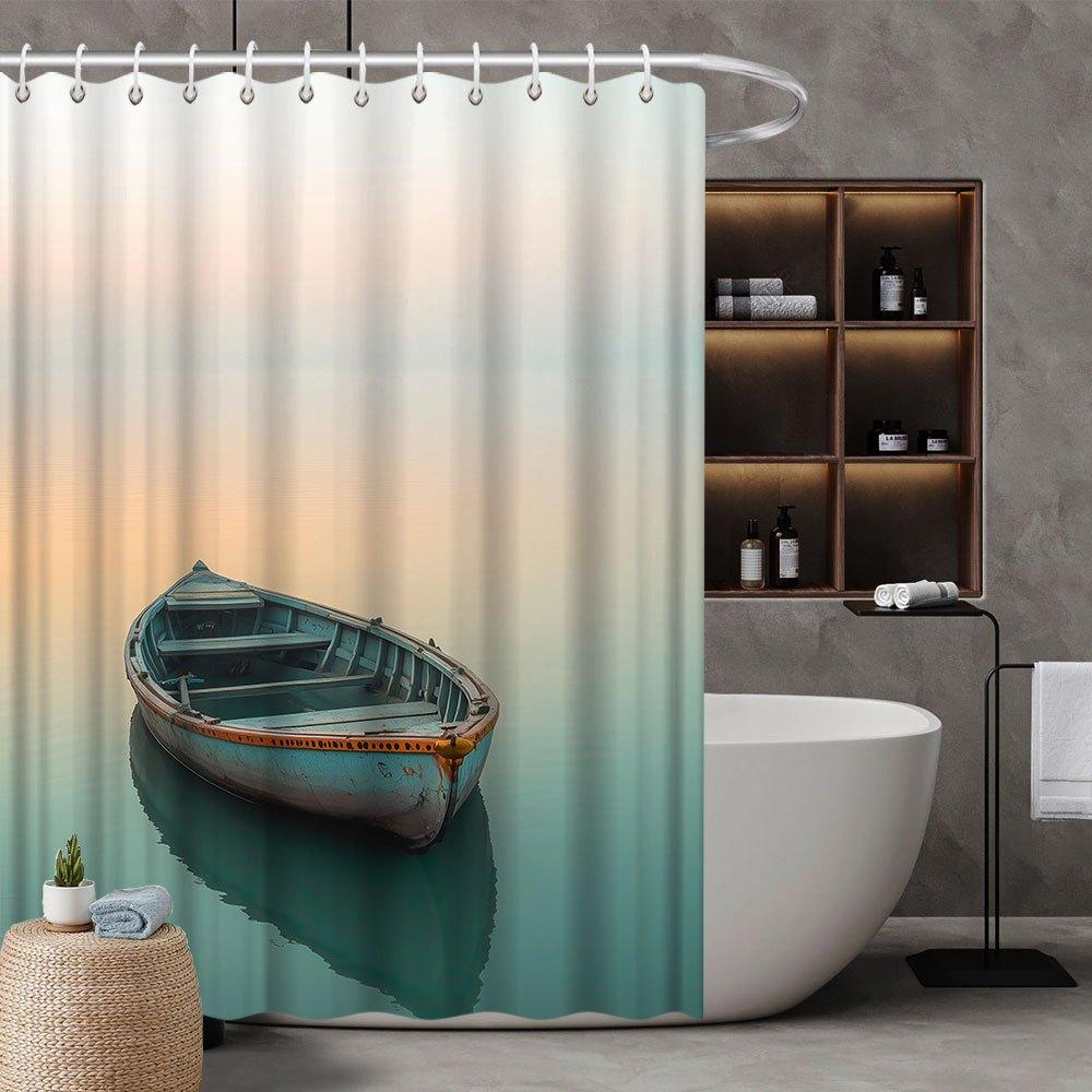 Serene Waterscape Shower Curtain, Wooden Boat at Dawn, Peach to Blue Gradient, Fade-Resistant Polyester,Bathroom Decor