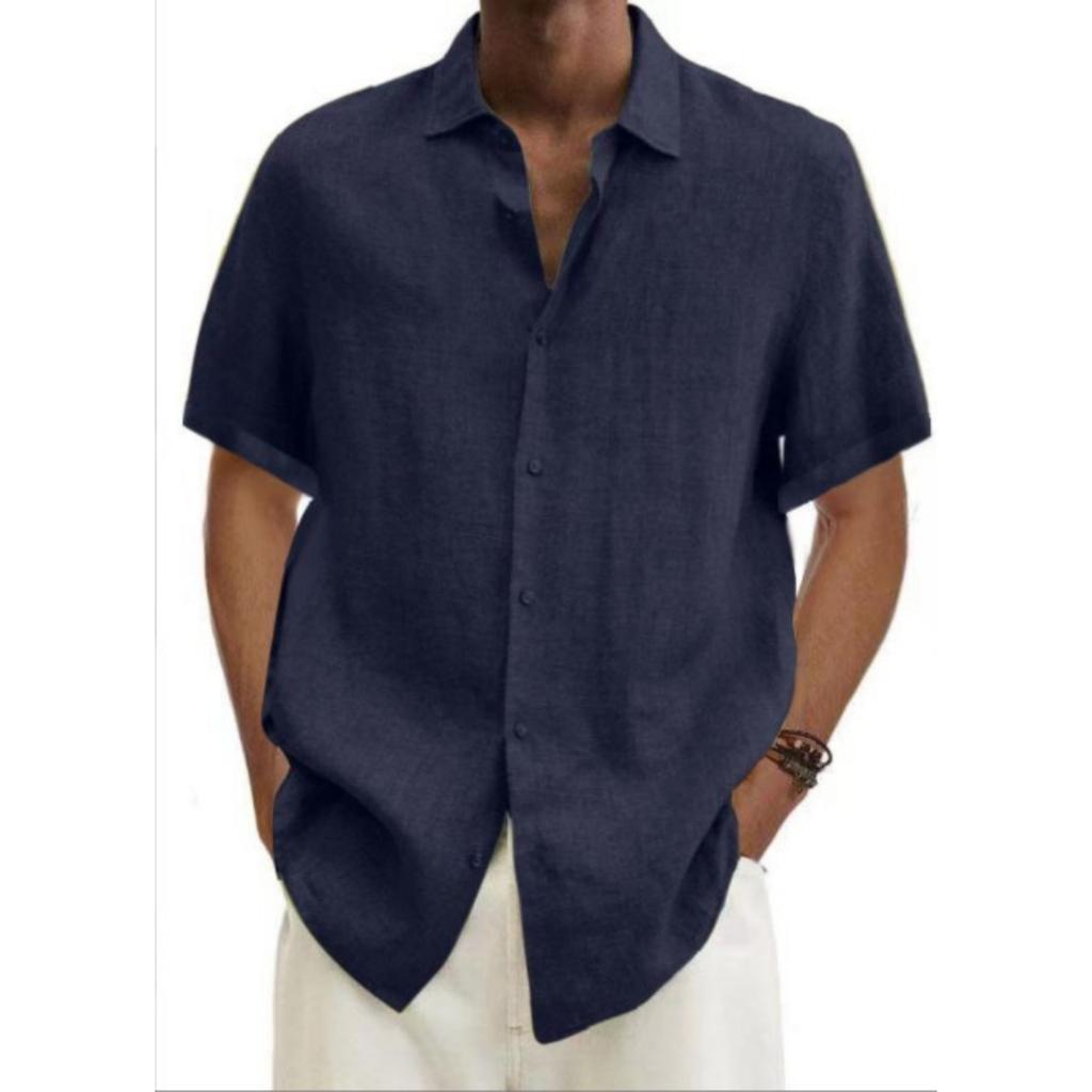 Men's Casual And Fashionable ,color Lapel Button Cardigan, Cotton And Linen Men's Short,sleeved Top