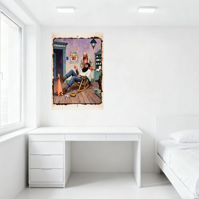 Vintage Barbershop Scene Metal Tin Sign, Old-Fashioned Barber Shop with Bearded Man, Wooden Chair & Barber Cape, Retro Home/Bar