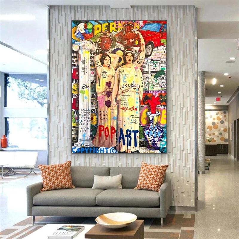Graffiti Portrait Pop Art Canvas Paintings Supergirls with Vase Poster Print Wall Art Picture for Living Room Wall Decor Cuadros