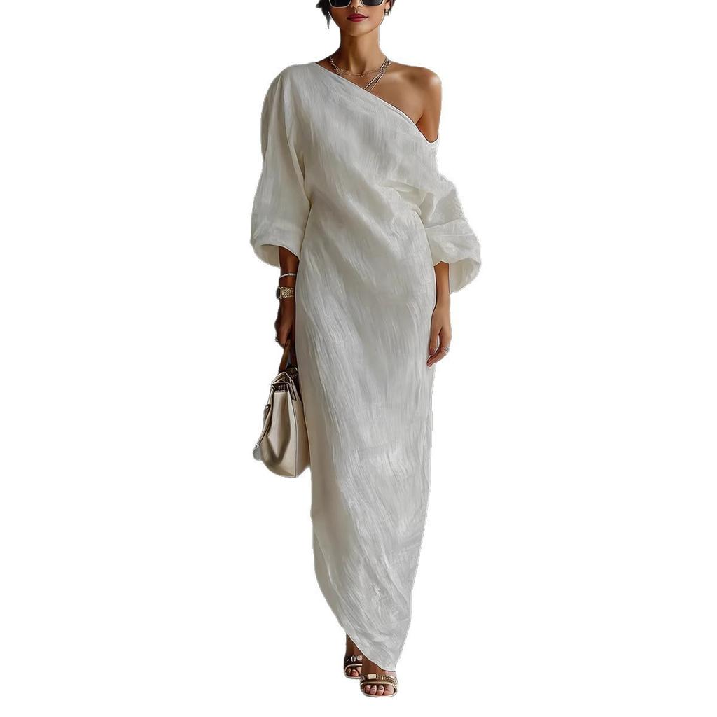 Europe, America spring and summer new fashion high-end women's clothing long-sleeved off-the-shoulder long dress mid-waist pullover dress
