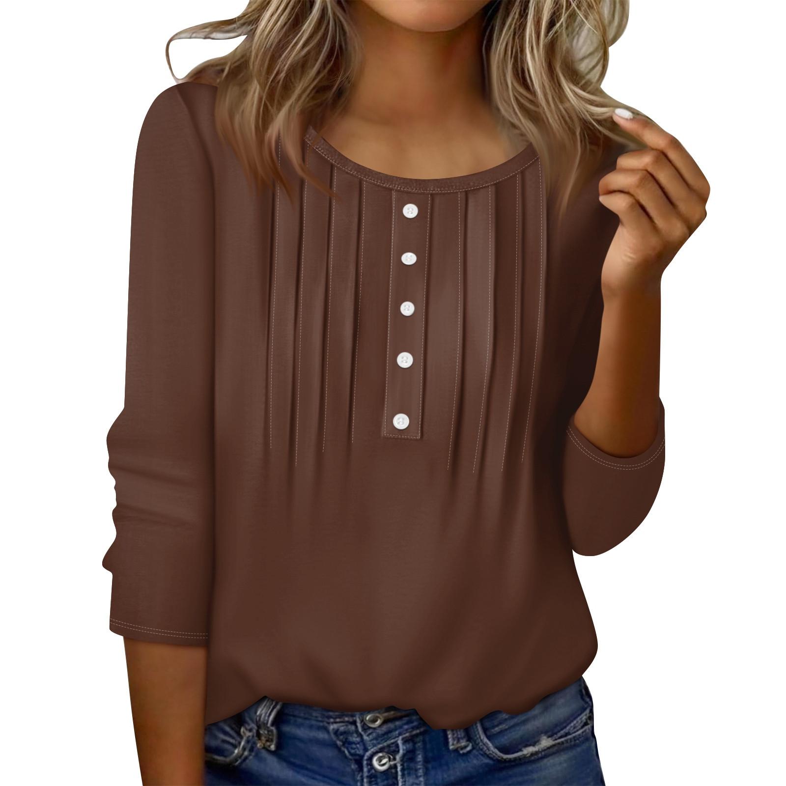 

Жіночий топ з круглим вирізом, декоративними ґудзиками та смугастим принтом, повсякденна футболка з рукавом 3/4 однотонного кольору XXL кавовий