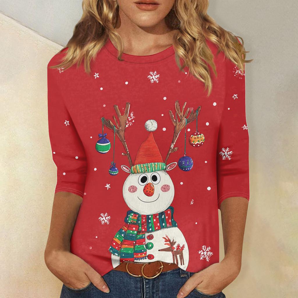 3/4 Sleeve Shirts For Women Print Christmas Tees Blouses Casual Plus Size Basic Tops Pullover