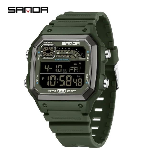 SANDA 6196 Relógio Digital Masculino Pulseira de Silicone Quadrado Eletrônico LED Alarme Contagem Regressiva Tempo Duplo À Prova d'Água Esportivo Casual