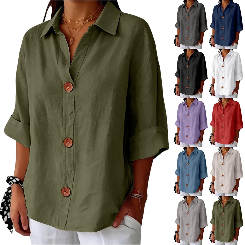 Women's Casual Loose Fit Button Down Shirt Three Quarter Sleeve Collared Blouse Lightweight Soft Fabric Relaxed Style