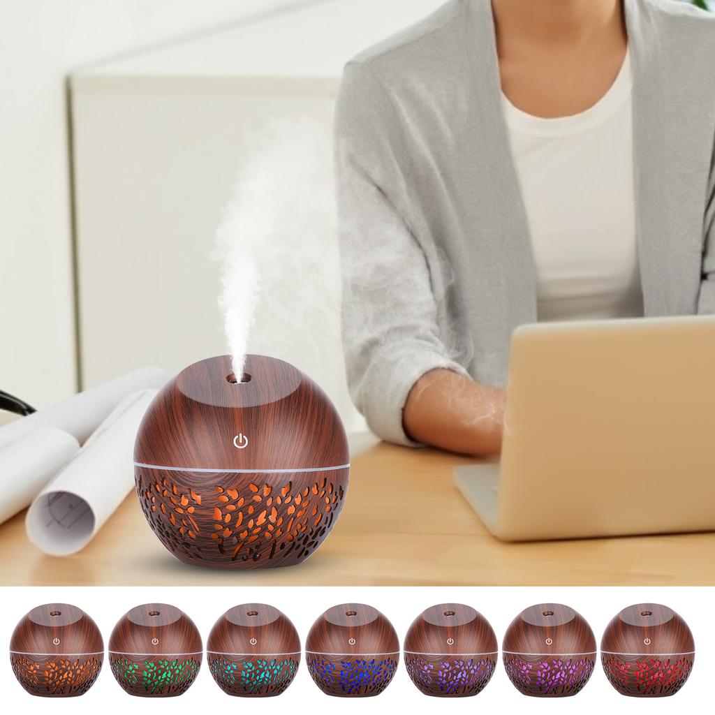 Mini Humidifier USB Night Light Dark Wood Grain Oil Diffuser Aroma Purifier 130ml