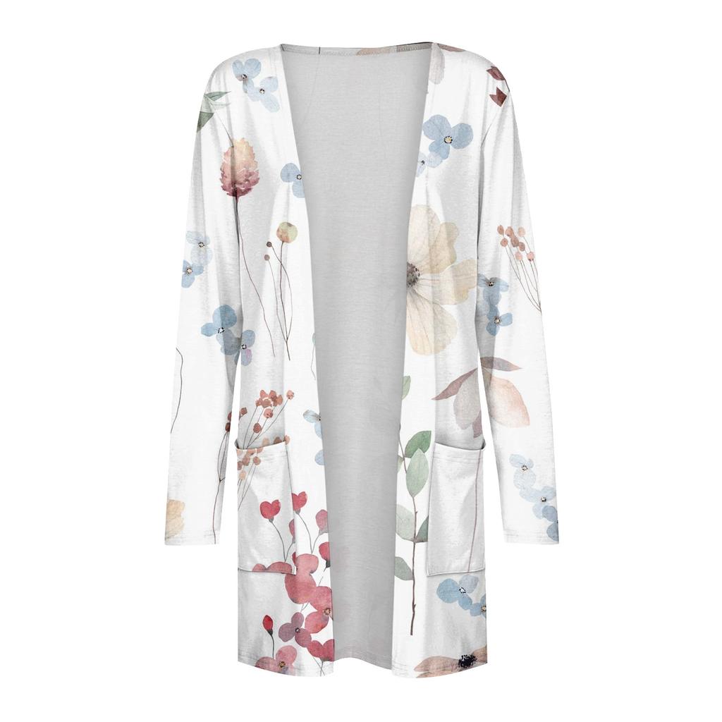 Women's Fashion Loose Casual Pocket Flower Print Long Sleeve Cardigan Jacket Tops