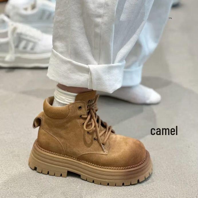 

Теплые коричневые женские ботинки мартин с высоким берцем - на толстой подошве, увеличивающие рост, в британском стиле, тренд осени/зимы 40