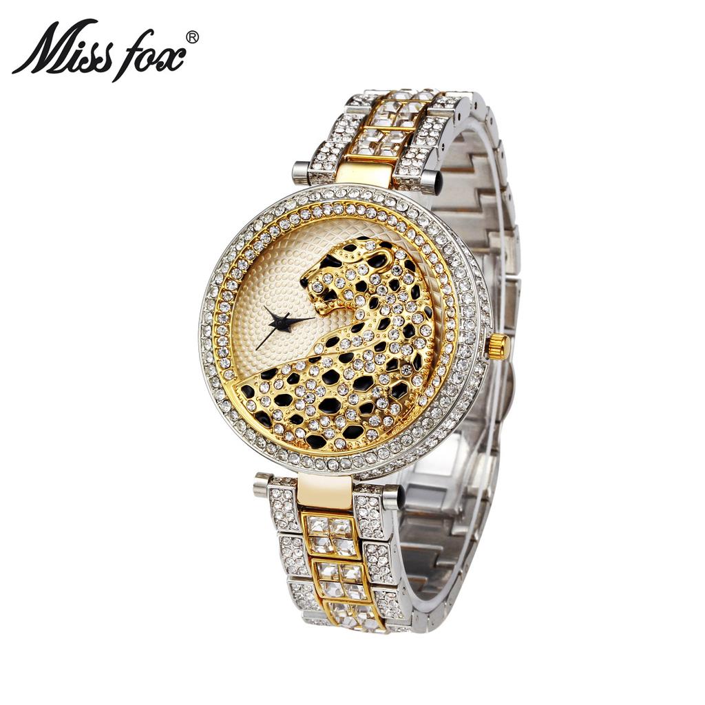 MISSFOX Women Quartz Watch Fashion Bling Casual Ladies Watch Female Quartz Gold Watch Crystal Diamond Leopard For Women Clock