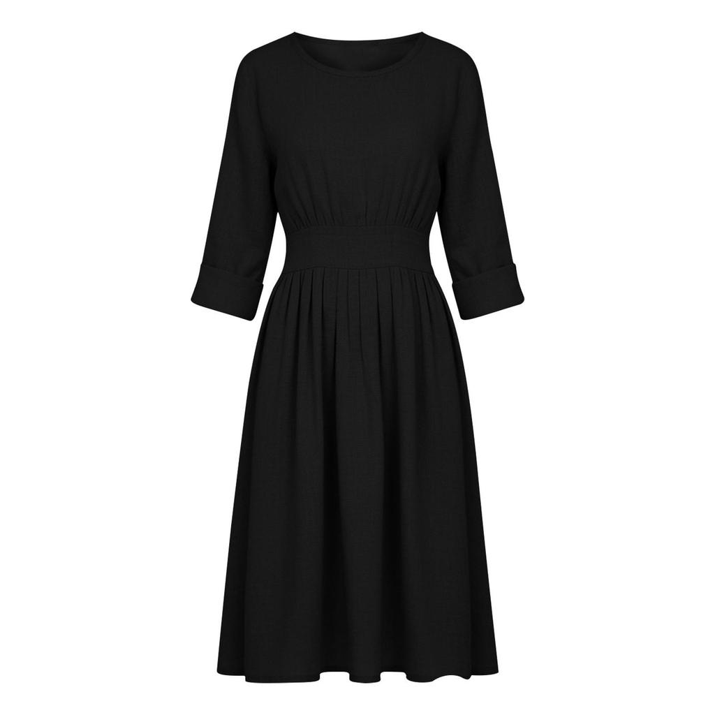 Damen Mode Rundhals Langarm Tailliert Lässig Baumwoll-Leinen-Mischung Kleid