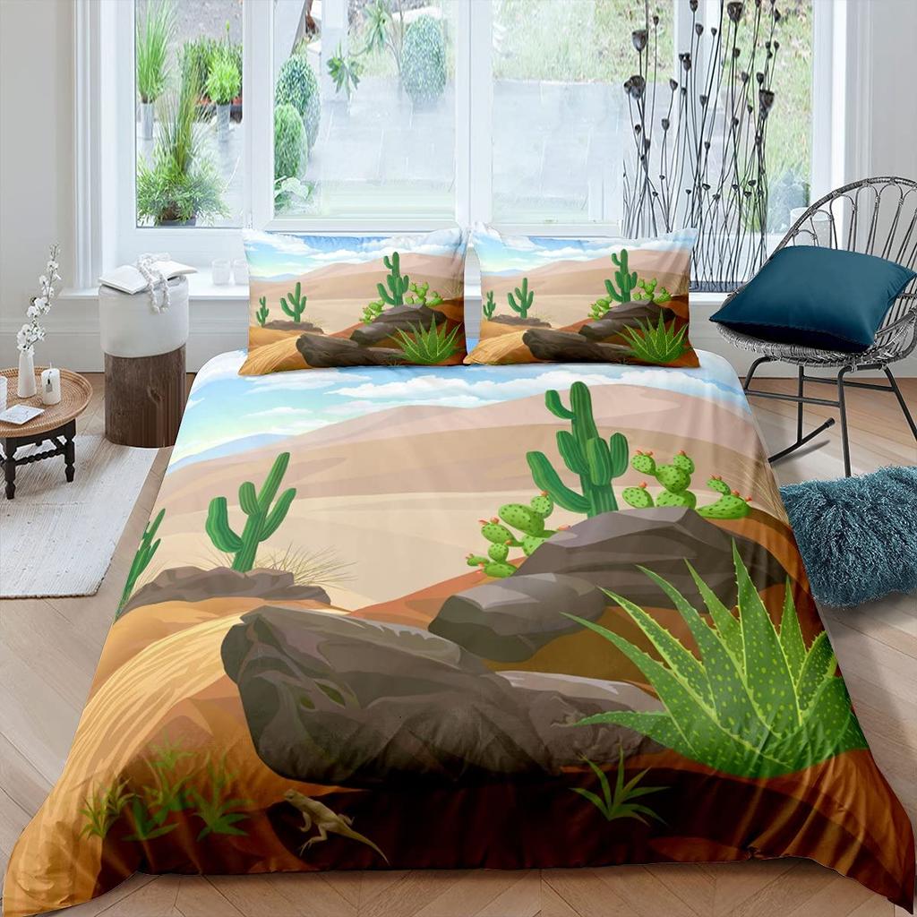 Cactus Duvet Cover Set King Size Hand Painted Style Bedding Set Nature Art Prints Comforter Cover Green Plant Cactus Quilt Cover