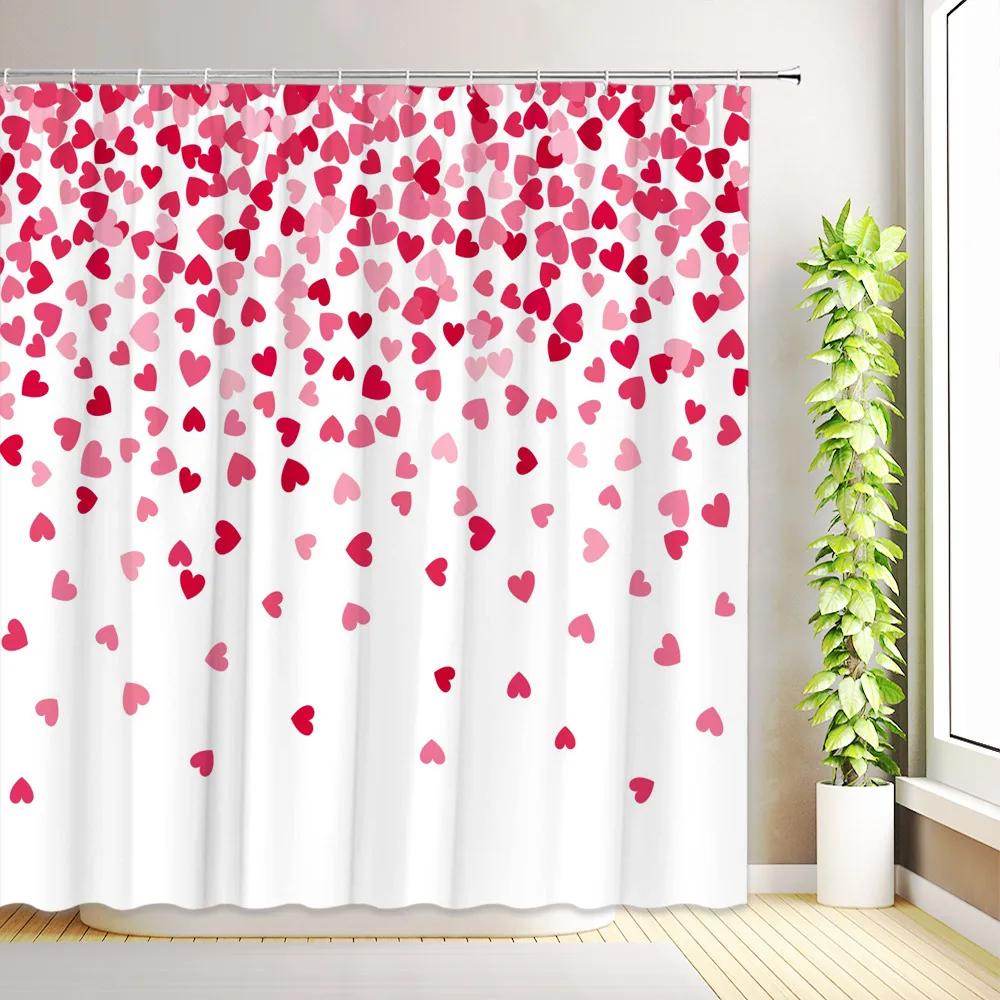

Valentine S Day Shower Curtain Abstract Modern Romantic Red Pink Love Hearts Home Bathroom Decor Fabric Bath Curtains With Hooks W60H190(CM)-1 Pcs