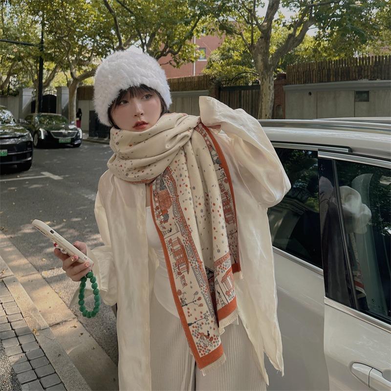 Imitation cashmere scarf women's autumn and winter new construction tower shawl versatile thickened warm and cold loose beard scarf