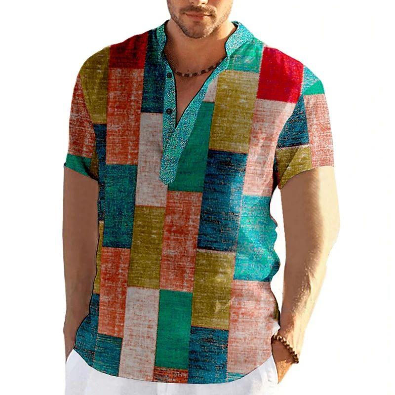 Vintage Men'S 3D Faion Patchwork Printed Irt Oversized Autumn Collar Fce Lined Thiened Nine-Quarter Sve