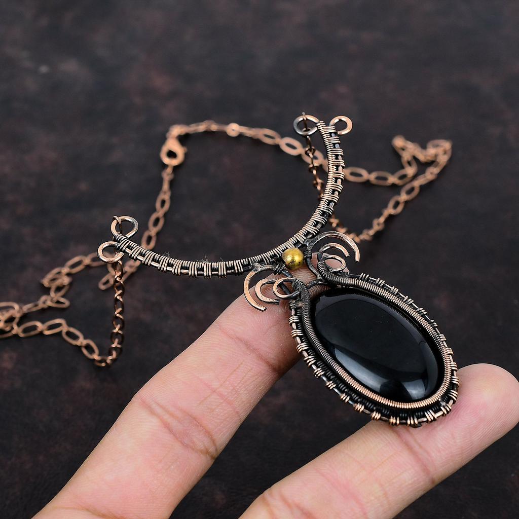 Black Onyx Necklace Copper Wire Wrapped Necklace Adjustable Necklace Copper Wire Wrapped Jewelry Gemstone Handmade Necklace Jewelry For Gift
