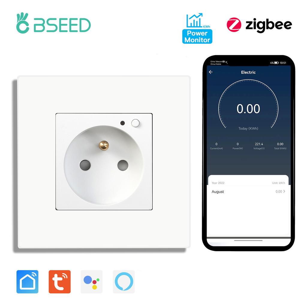 BSEED Zigbee French Smart Socket Doubel Wall Sockets Power Monitor Outlets Tuya Smart Life Alexa App Control Plastic Panel 16A