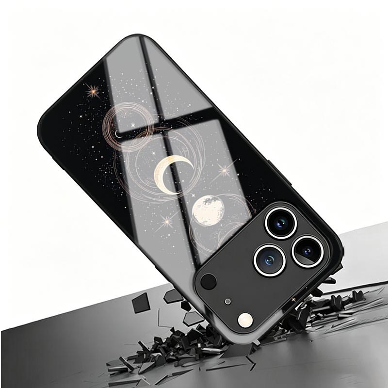 Pink Black Star Phase Moon Wheel Tempered Glass Phone Case for iPhone 17 Pro Max 14 15 16 Plus 13 12 11 X XS XR 16E 17Air Cover