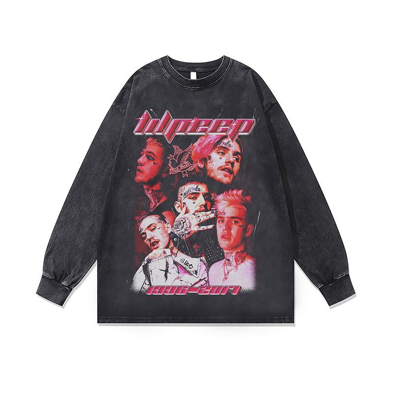 2. American Retro Hip-Hop Star Print Base Top Men'S And Women'S Autumn Washed Crew Neck Long Sleeve T-Shirt