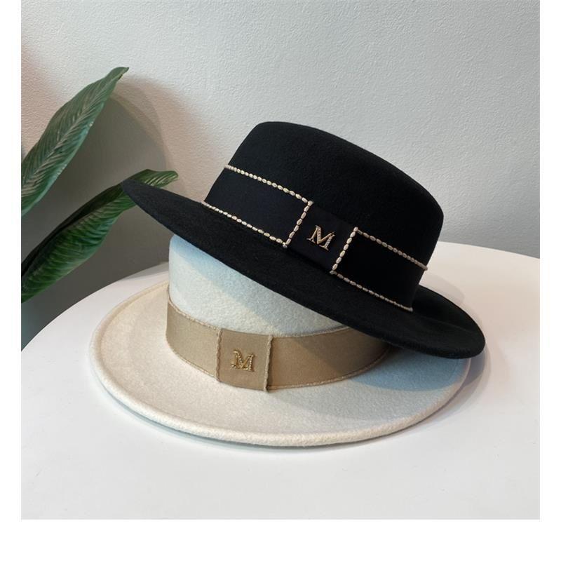 Autumn and Winter Women's Wool Woolen Flat Top Top Hat Female British Retro M Standard Celebrity Style White Felt Hat Jazz Hat Tide