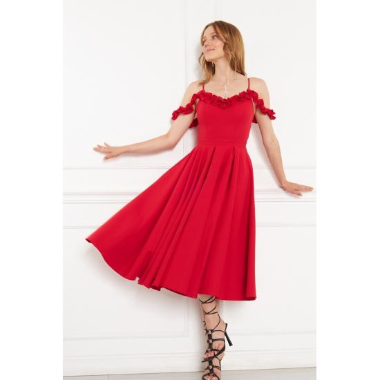 Women's Adjustable Strap Ruffle Detailed Collar Pleated Flared Midi Evening Dress