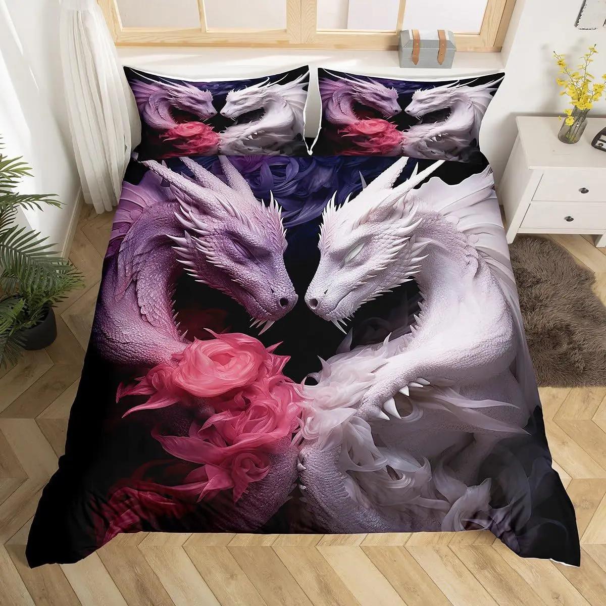 

Червоно-чорні набори підковдр з принтом дракона Розмір Queen Набір постільної білизни з візерунком китайського дракона 3 предмети Набори покривал для ковдри Декор для спальні EU Twin(135x200cm)