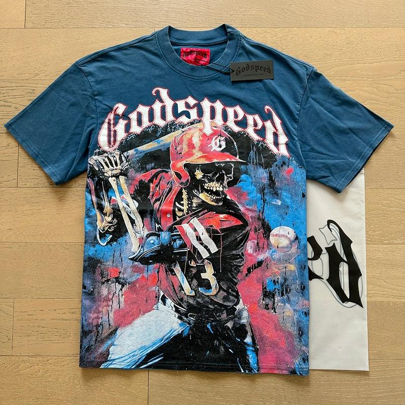 Godspeed retro printing foreign trade beauty tide high street men and women casual trend hip hop apricot old short sleeve T-shirt