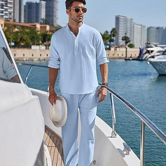 2024 Men's Solid Color Cotton Linen Henley Shirt & Long Pants Set - Autumn/Winter Casual Wear