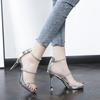Fashion Women's Sandals Summer New High Heel Round Head Hollow Thin with Diamond Strip Zipper Slippers Fashion Temperament Heel Sandals