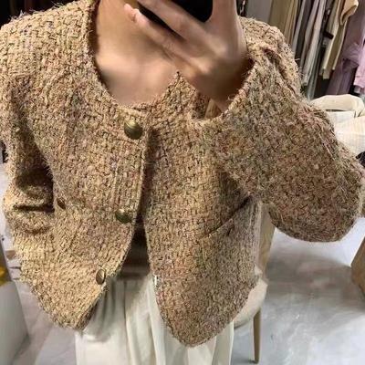 Women Spring and Fall Vintage Tweed Jacket Elegant Cropped Korean Long Sleeve Outerwear Ladies Single Breasted Blazer