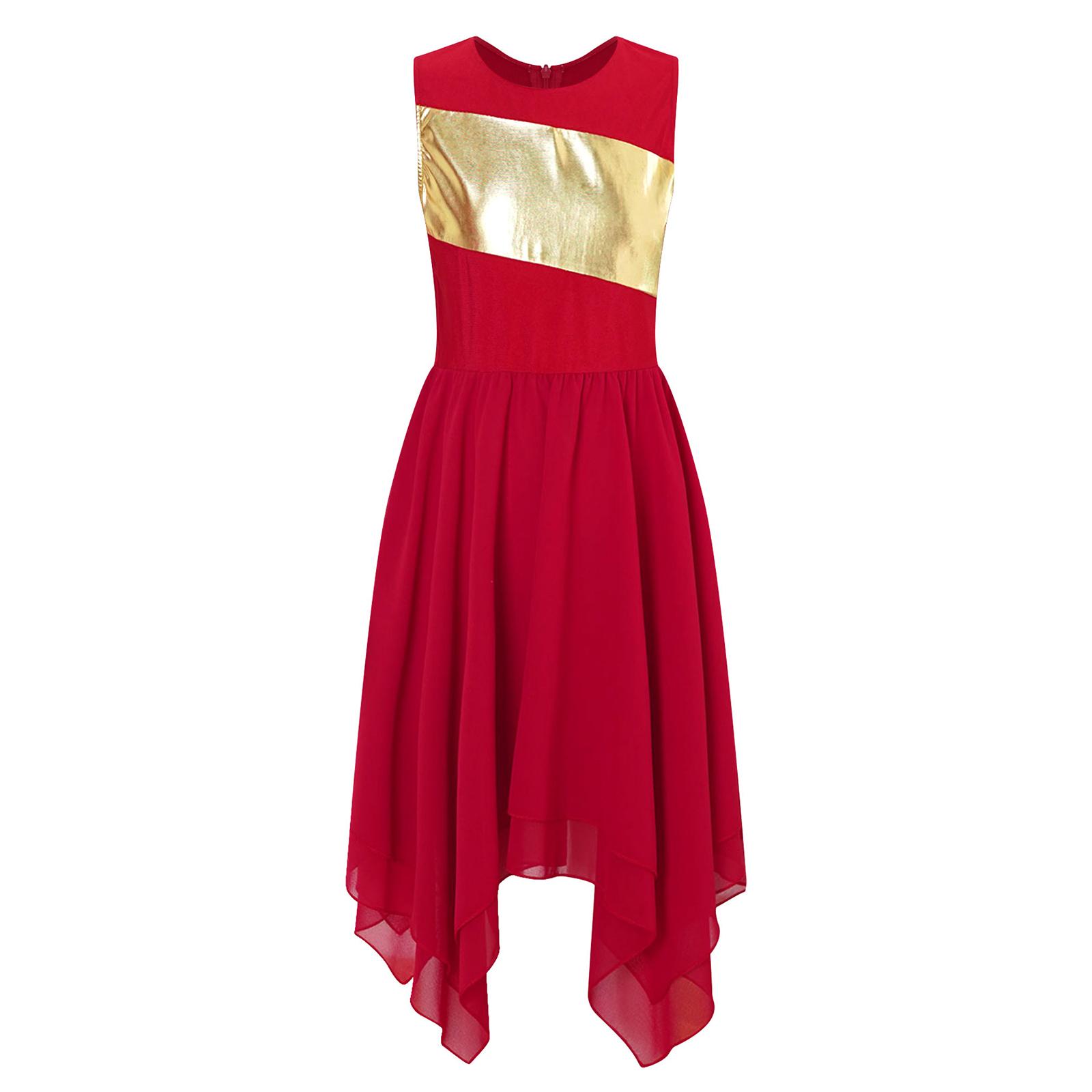 

Детский костюм для лирического танца для девочек, многоцветный, лоскутный дизайн с асимметричным подолом для богослужения и сценических выступлений 5-6 Years красный