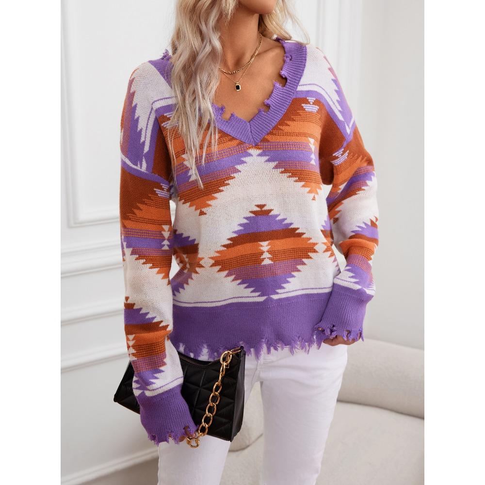 Cut-out Knitted Sweater, Geometric Pattern Jacquard Pullover, V-neck Style, Long-sleeved Ethnic Style Top