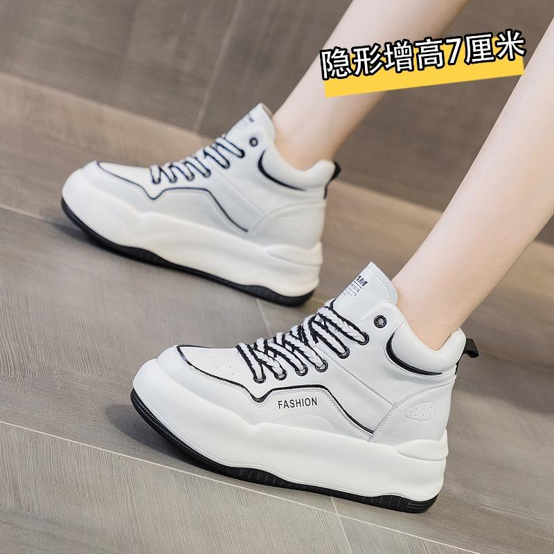 Autumn New Casual Shoes Sports Shoes Lace-up Women's Shoes Inner Height Increase Thick Sole High Top White Shoes Versatile