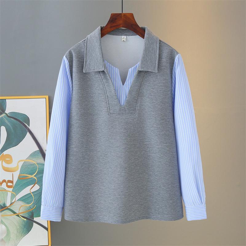 2026 Spring Plus Size Striped V-Neck Hoodie: Women s Long Sleeve Casual Two-Piece Cotton Shirt 2XL