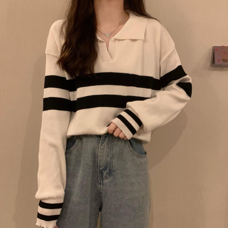 Polo collar black striped knitted sweater women's outer wear design sense chic high sense casual inside