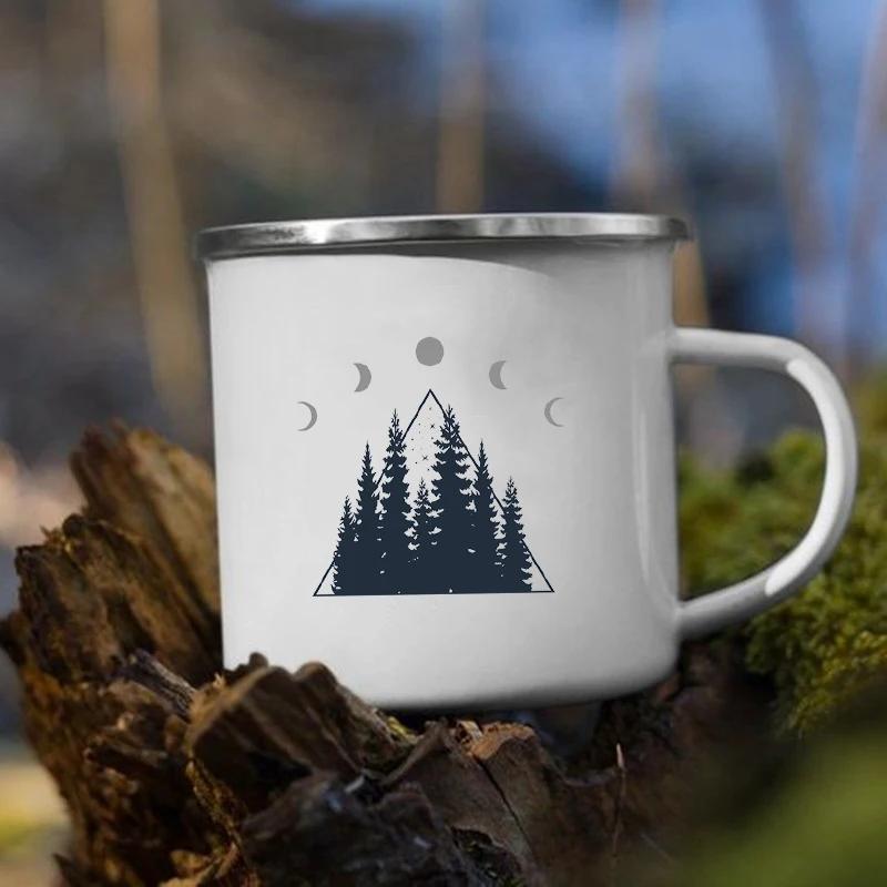 Stampa 'Le Montagne Aspettano' Tazza Smaltata Creativa Campeggio Caffè Tè Acqua Latte Tazze Manico Bicchiere Vacanza Escursionismo Regalo