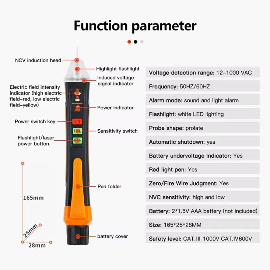 Berührungsloser Spannungsprüfer Stift Intelligenter Spannungsdetektor Infrarot-Anzeige 12-1000V Prüfstift Bruchpunktsucher Mit Taschenlampe