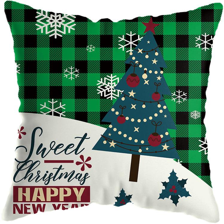 Christmas Theme Green Plaid Santa Snowman Print Pattern Cushion Cover Home Sofa Decor Throw Pillow Cover 45x45cm