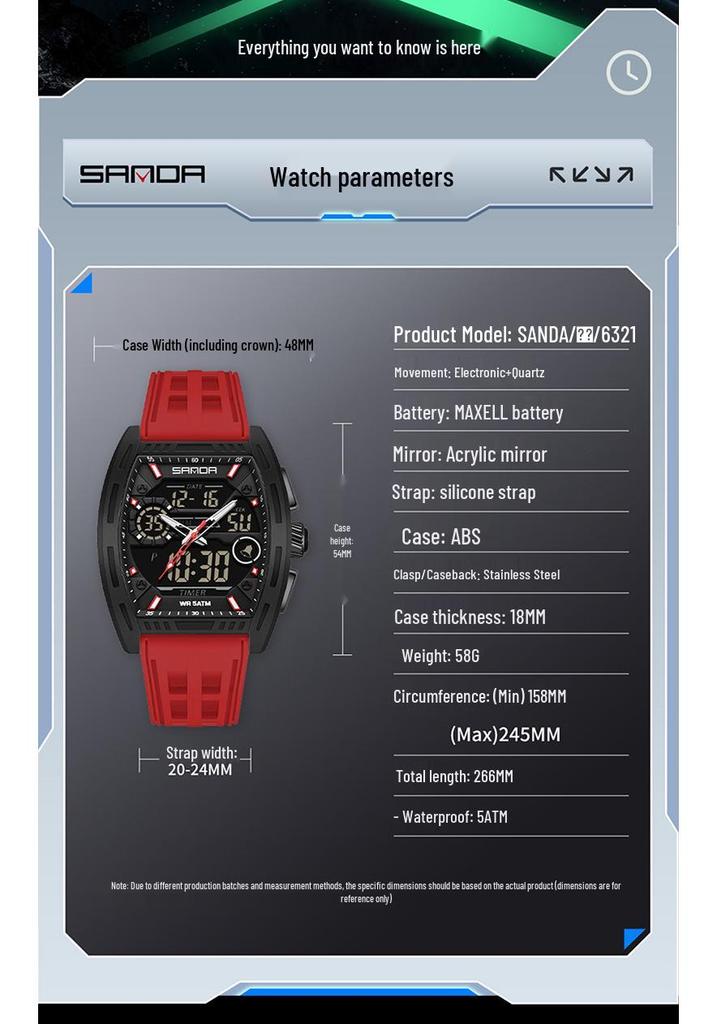Montre Sanda Double Affichage Lumineuse Étanche pour Étudiant d'Extérieur avec Chronomètre, Alarme et Compte à Rebours