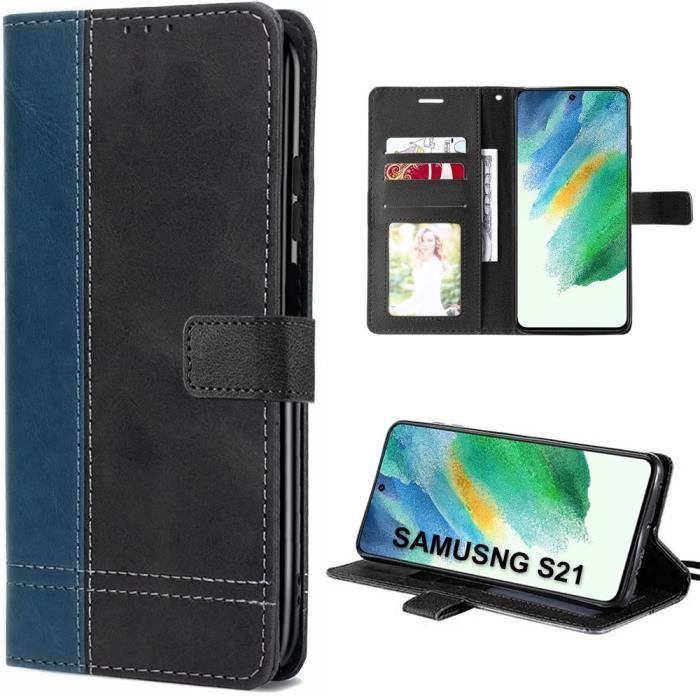 Coque pour samsung galaxy s21 fe - coque anti-rayures effet cuir bicolore bleu marine-noir