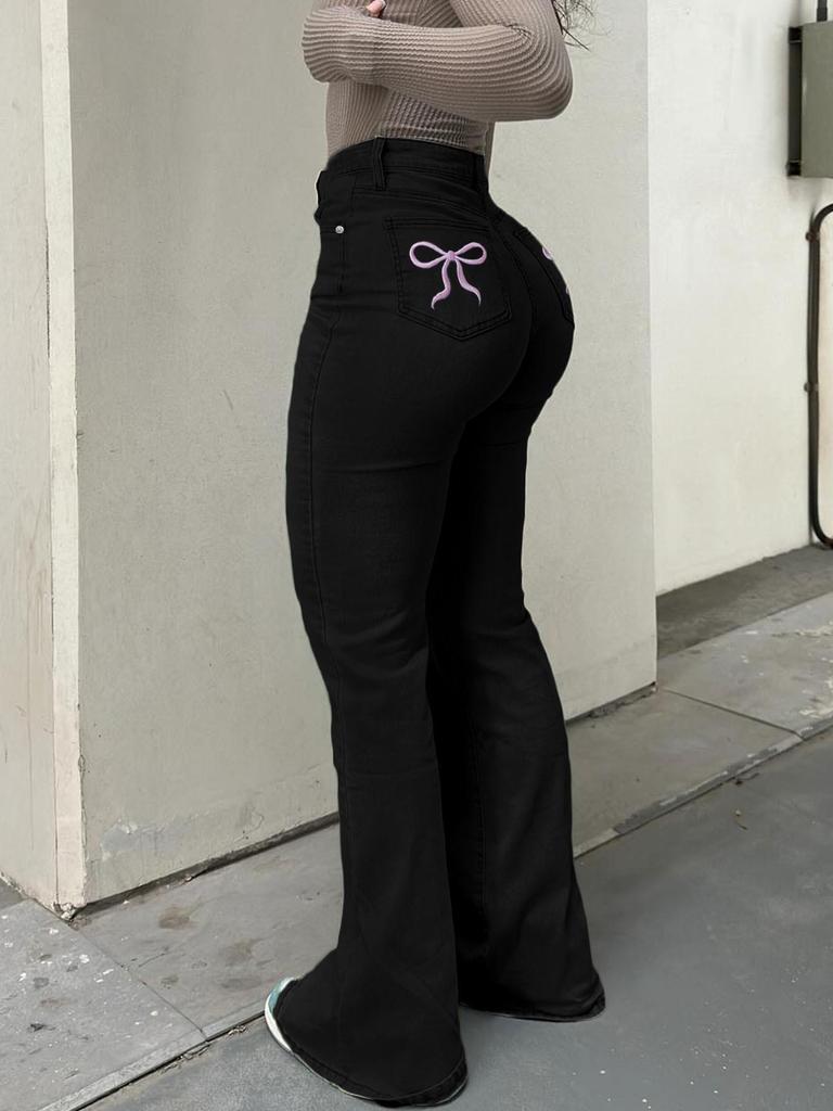 MH1025 Calças de Boca de Sino Femininas de Cintura Alta Elásticas com Bolsos