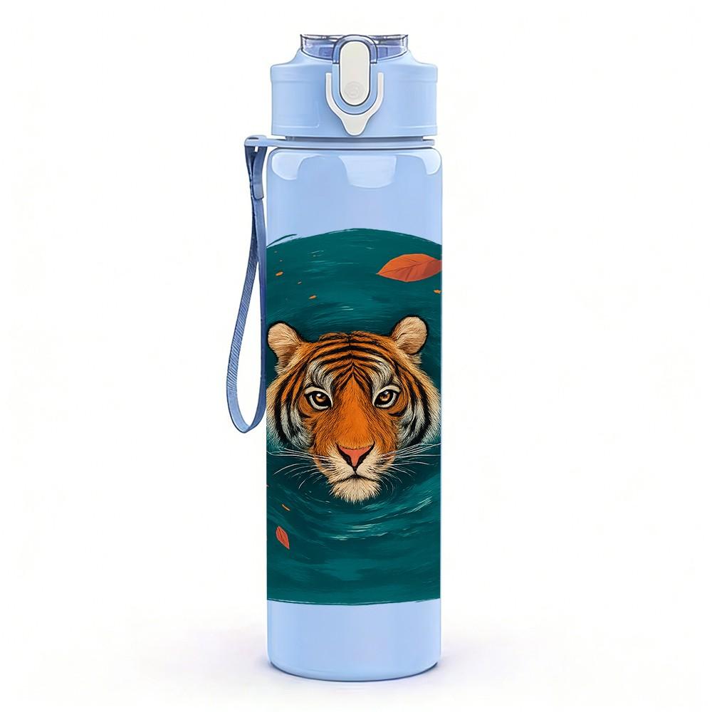 1PC Tiger Head Ethnic Pattern Print 750ml Color Plastic Sports Water Bottle Leakproof Flip Straw Lid Suitable for Sports Office Home Use