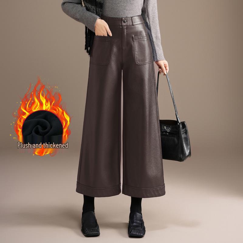 Pantalones de Cuero de Pierna Ancha Talla Grande de Cintura Alta para Mujer - Diseño Casual Recto de Terciopelo Corto Otoño/Invierno