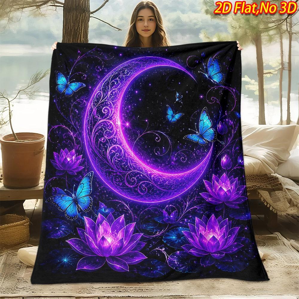 1pc 2D Flat Printing Spring And Summer New Arrival Purple Moon Butterfly Lotus Theme Digital Print Blanket, All-Season Use, Casual Throw, 100% Polyest