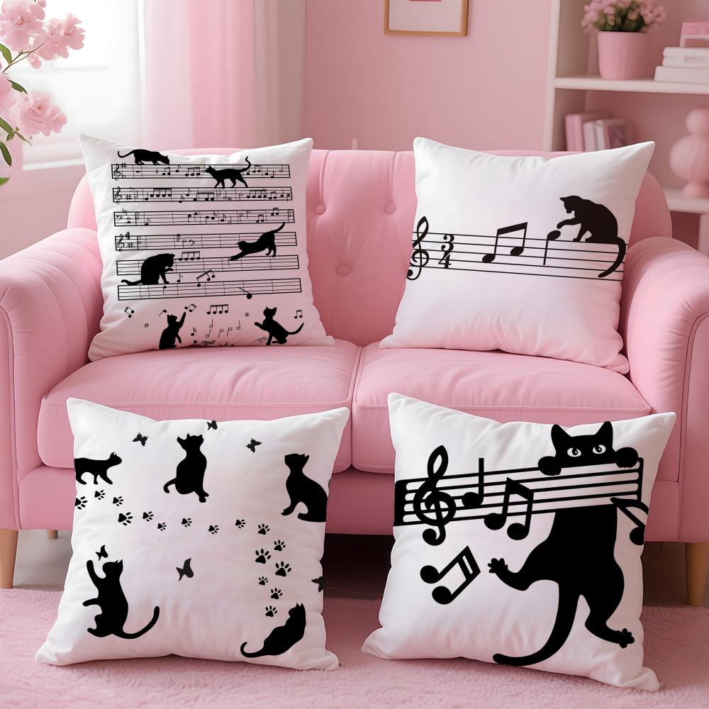 Cat Musical Symbol Cushion Cover Short Plush Double-Sided Printing Home Machine Washable In Warm Winter Pillow Cover