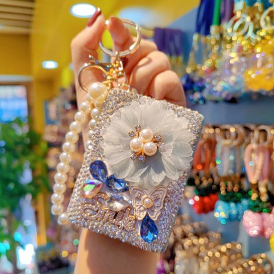 Strass Doppel-Taschenspiegel Schlüsselanhänger Klein Bling Reise Klapp-Kosmetikspiegel Perlenkette Taschenanhänger für Damen Geldbörse Handtasche Geldbörse Zubehör