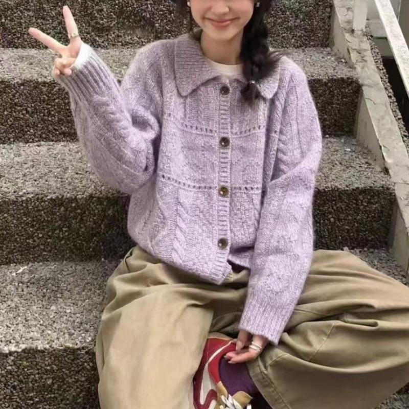 Autumn and winter new sweater jacket women's lapel gentle wind twist hollow knitted cardigan top